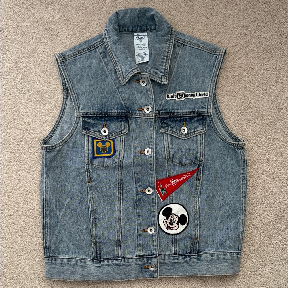 Disney Parks Mickey Mouse Denim Vest with Iconic Patches